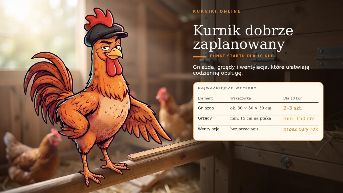 Kurnik dobrze zaplanowany — najważniejsze wymiary dla 10 kur: 2–3 gniazda i min. 150 cm grzęd