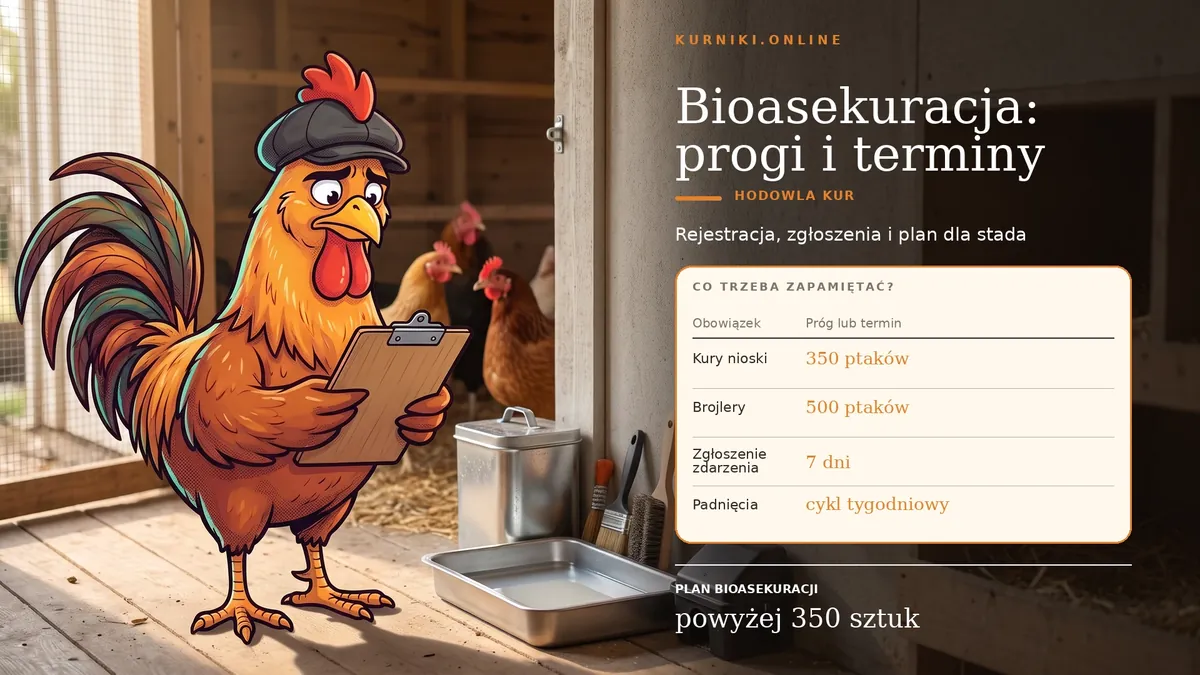 Bioasekuracja: progi i terminy — kura z podkładką przy sprzęcie do dezynfekcji, próg 350 kur niosek i 500 brojlerów