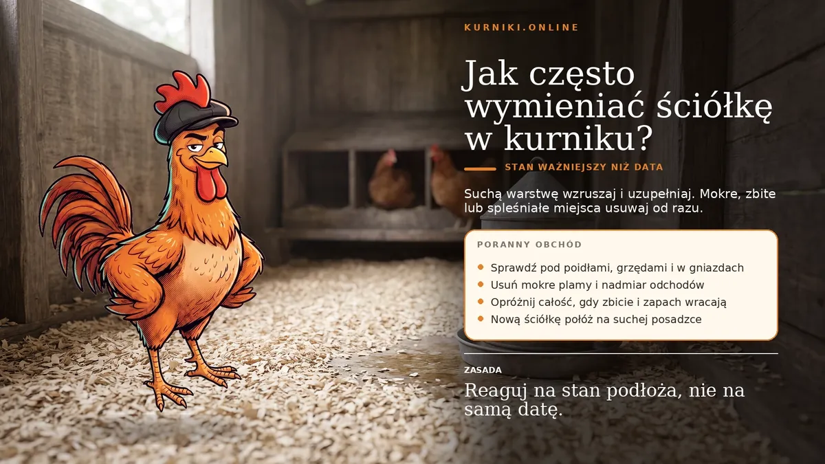 Jak często wymieniać ściółkę w kurniku — poranny obchód: mokre plamy pod poidłami, grzędami i w gniazdach
