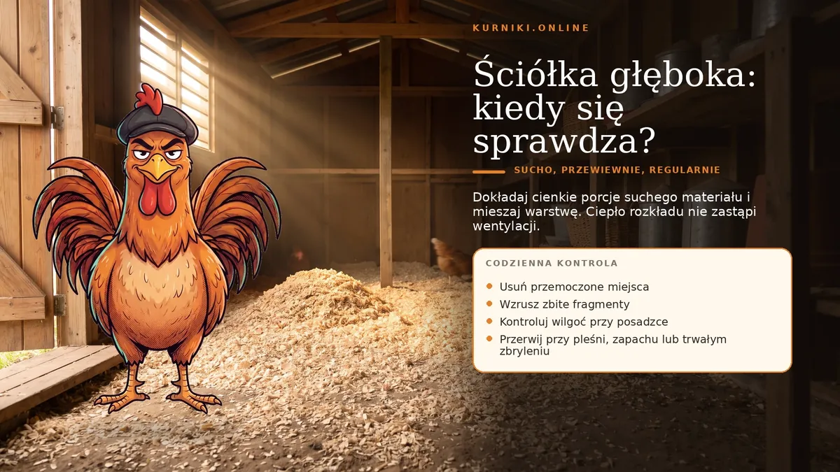 Ściółka głęboka: kiedy się sprawdza — codzienna kontrola wilgoci, cienkie porcje suchego materiału i wentylacja