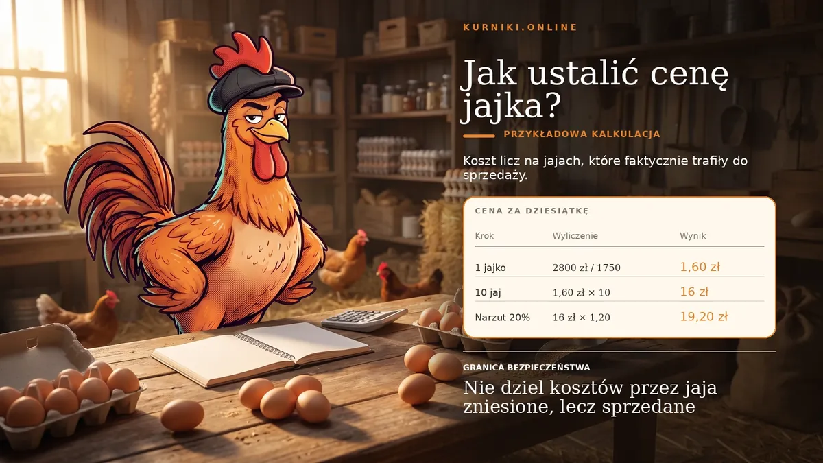 Jak ustalić cenę jajka — kura z kalkulatorem i zeszytem, 2800 zł na 1750 jaj daje 19,20 zł za dziesiątkę