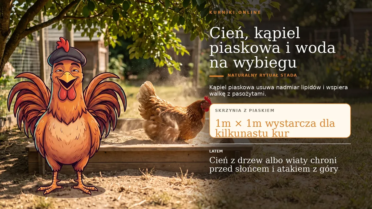 Cień, kąpiel piaskowa i woda na wybiegu — kura w skrzyni z piaskiem 1×1 m, która wystarcza dla kilkunastu ptaków