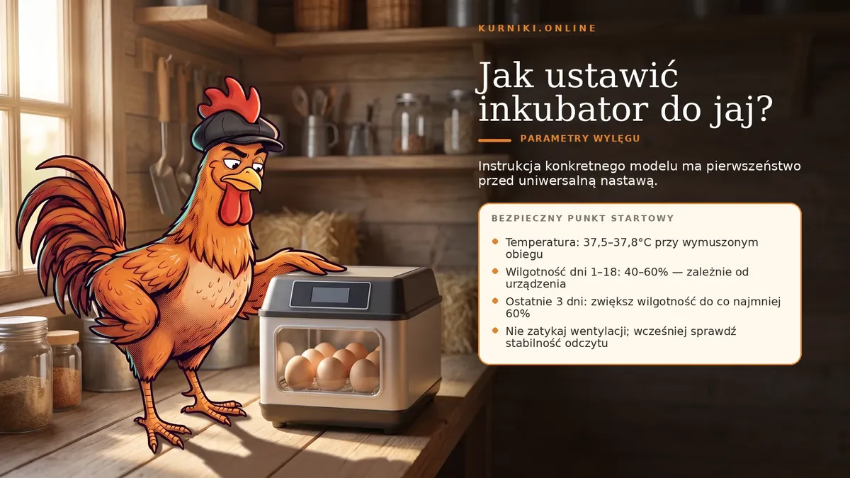 Jak ustawić inkubator do jaj — bezpieczny punkt startowy: 37,5–37,8°C, wilgotność 40–60% i drożna wentylacja