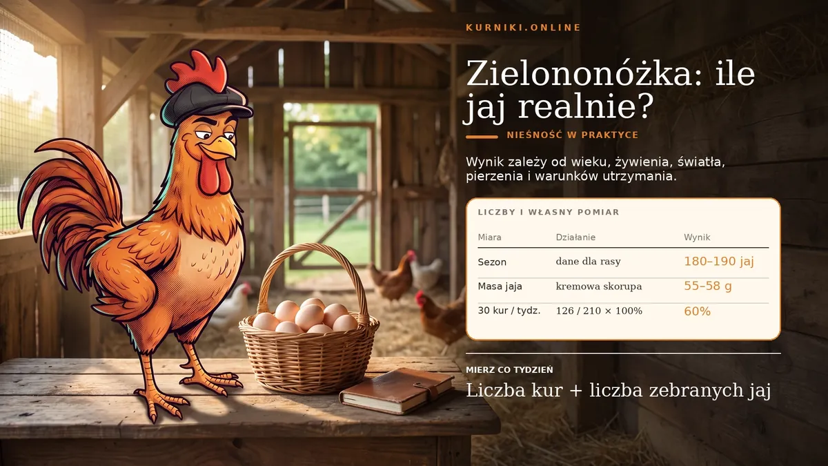 Zielononóżka: ile jaj realnie — 180–190 jaj w sezonie, masa 55–58 g, a 126 jaj od 30 kur w tygodniu to 60% nieśności