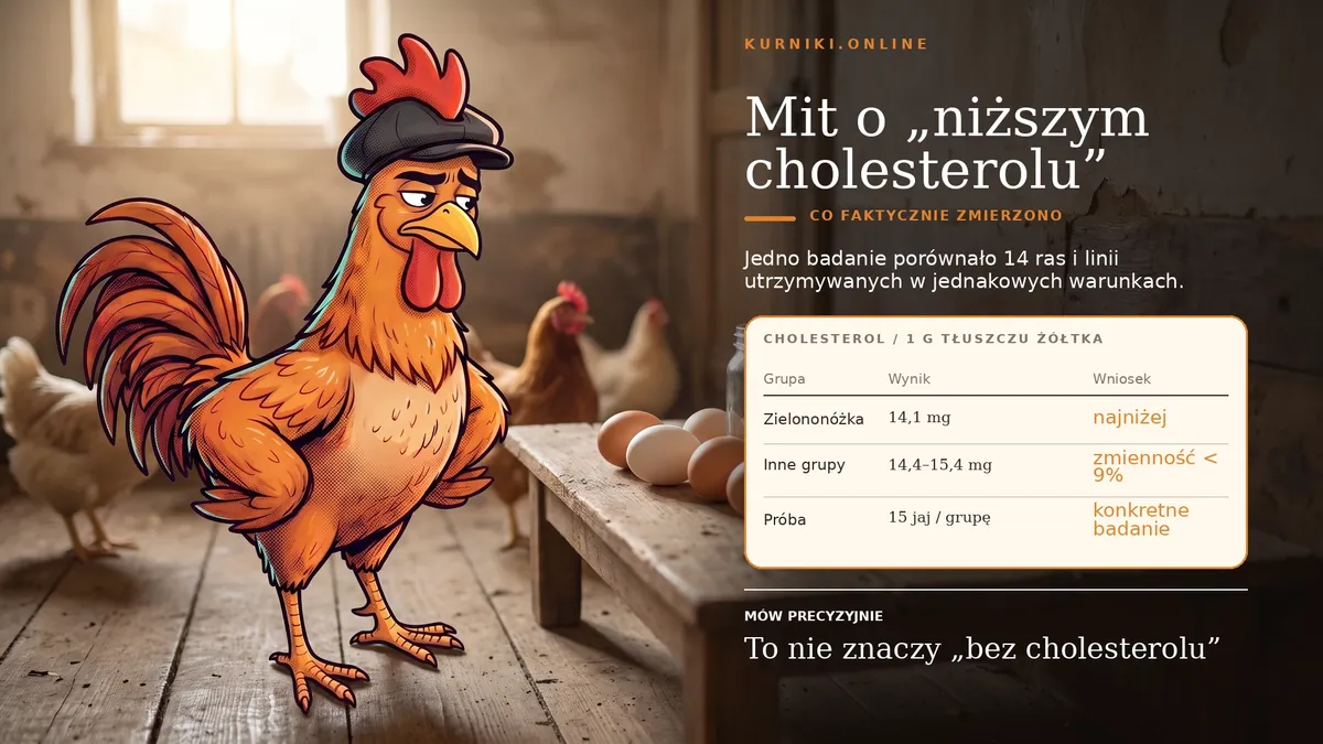 Mit o niższym cholesterolu — w badaniu 14 ras zielononóżka miała 14,1 mg na gram tłuszczu żółtka wobec 14,4–15,4 mg